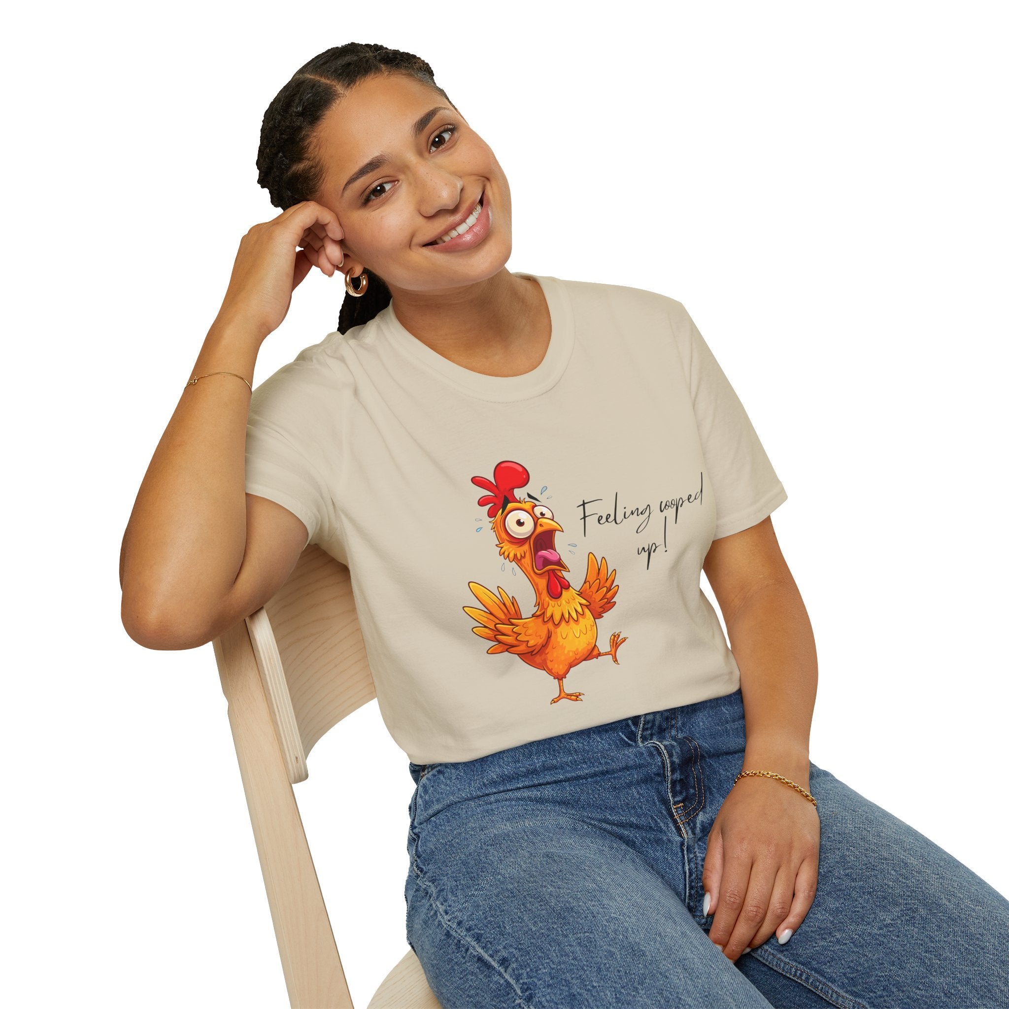 Chicken Cartoon T-Shirt — "Feeling cooped up?" Funny Farm Animal Tee