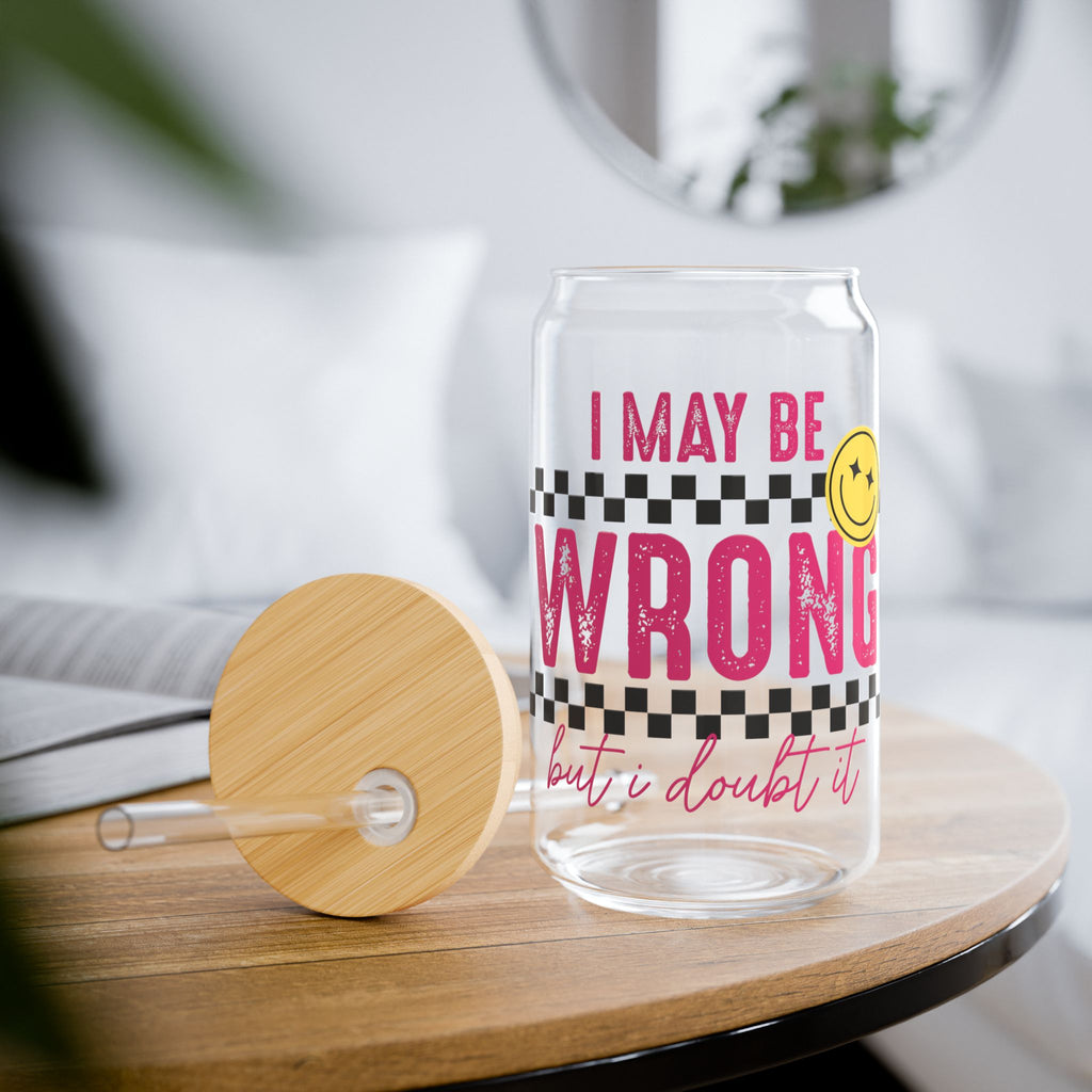 Sipper Glass — “I May Be Wrong (But I Doubt It)” Pink Checker Smile Can-Style Tumbler, 16oz