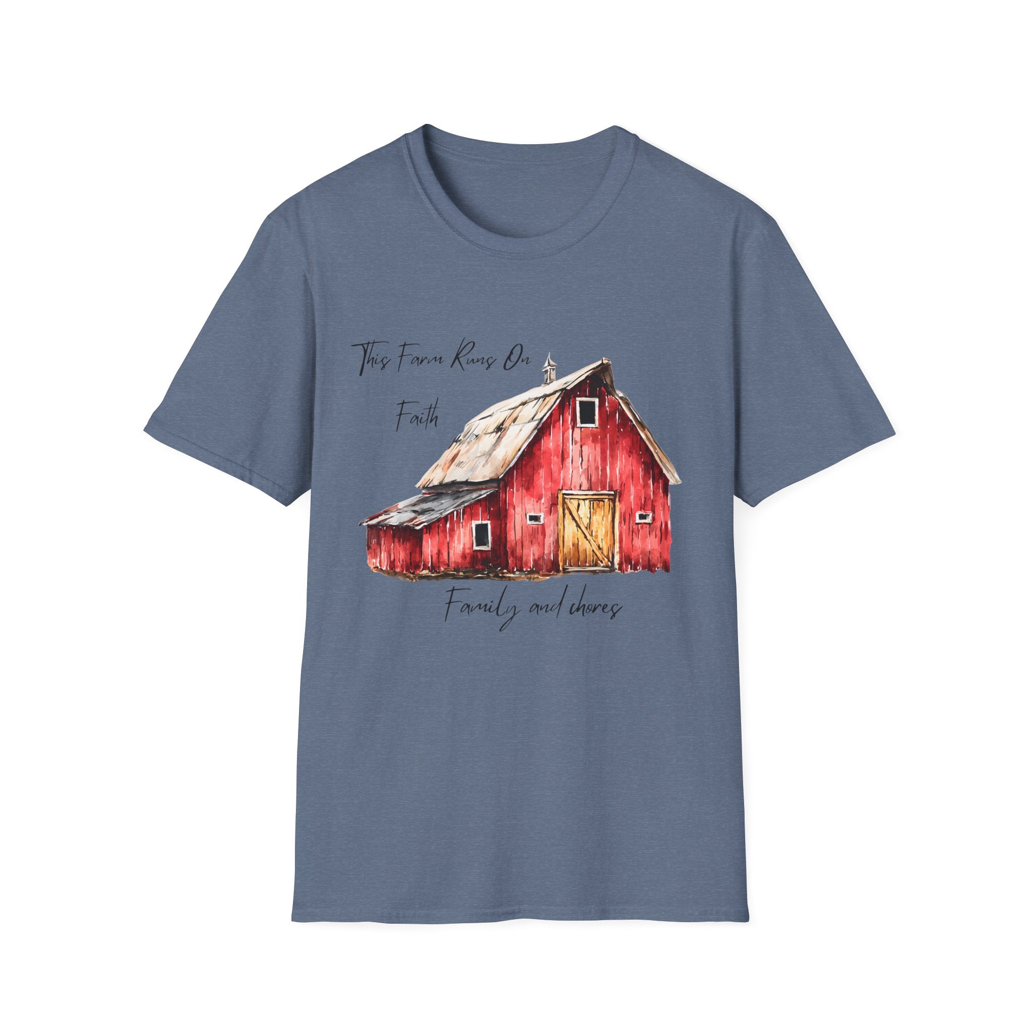 Barn Farm T-Shirt — 'Farm runs on Faith, Family, and chores! Rustic Family Farm Tee