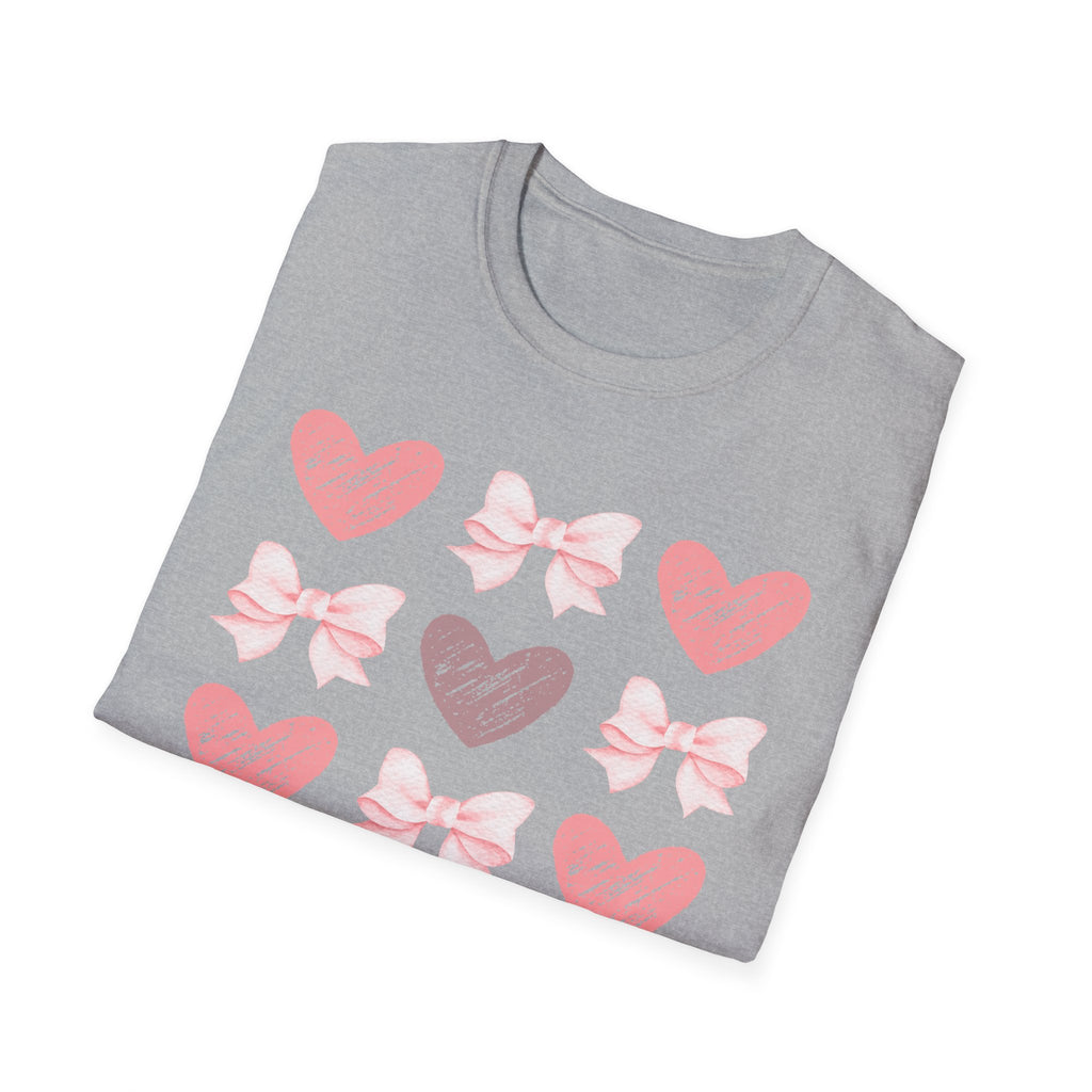 Heart & Bow Pattern T-Shirt — Pink Valentine Graphic Tee