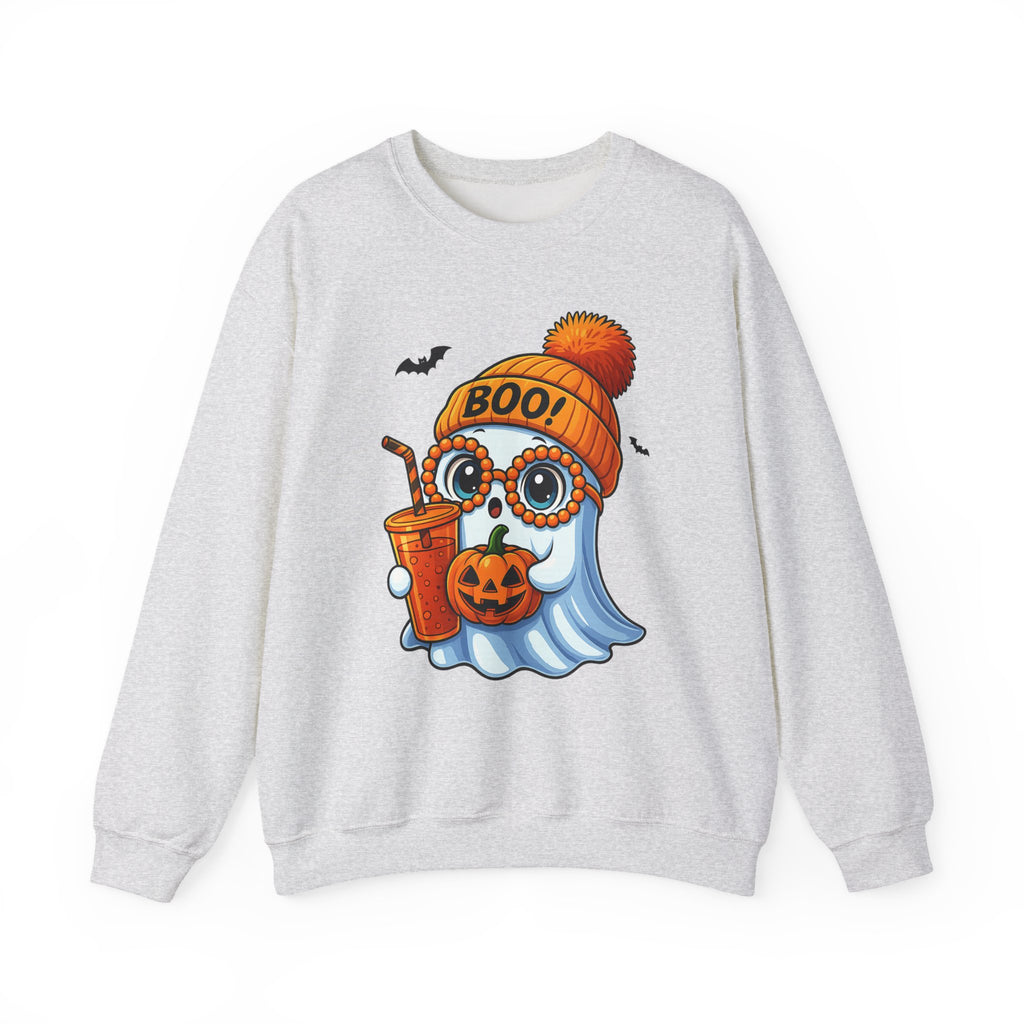 Halloween Ghost Crewneck Sweatshirt — "Boo!" Pumpkin & Candy Drink Design