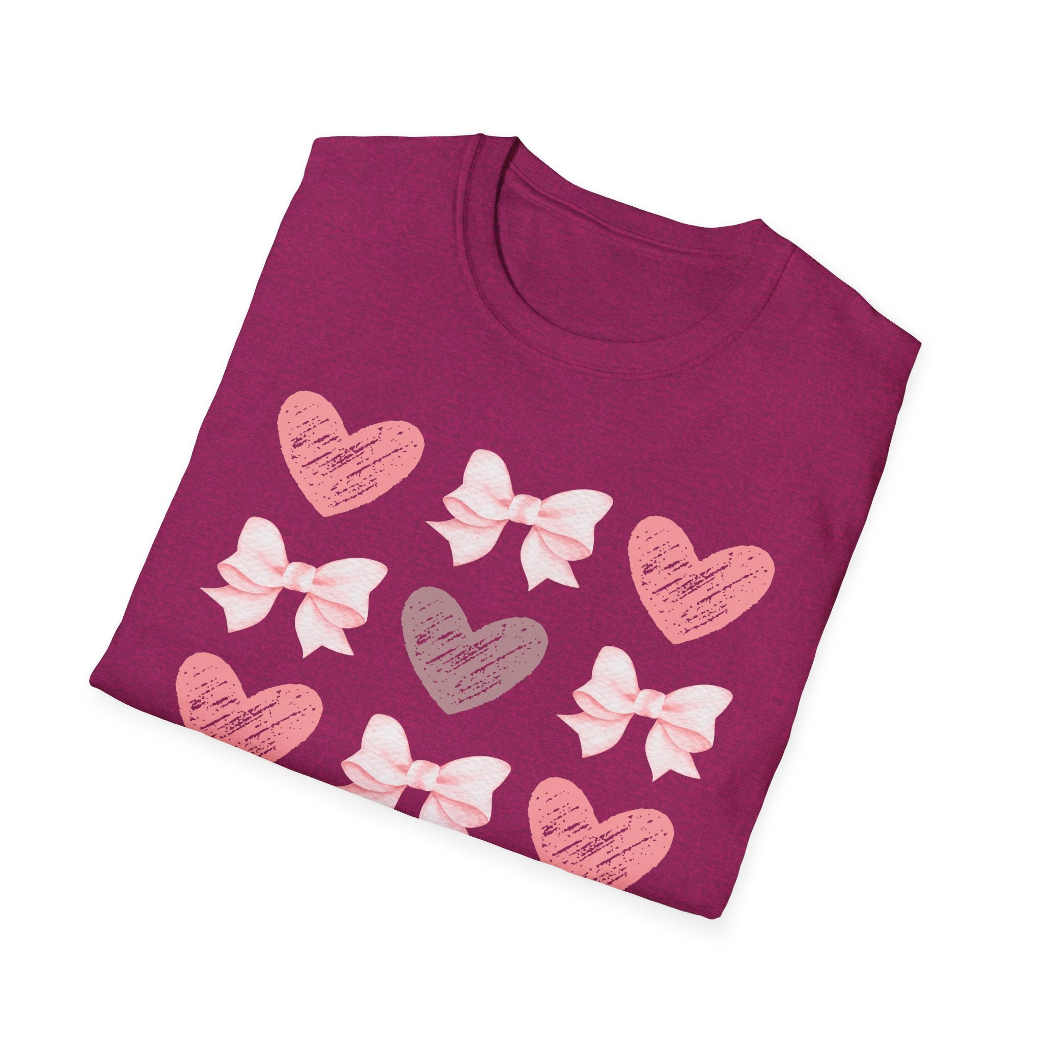 Heart & Bow Pattern T-Shirt — Pink Valentine Graphic Tee