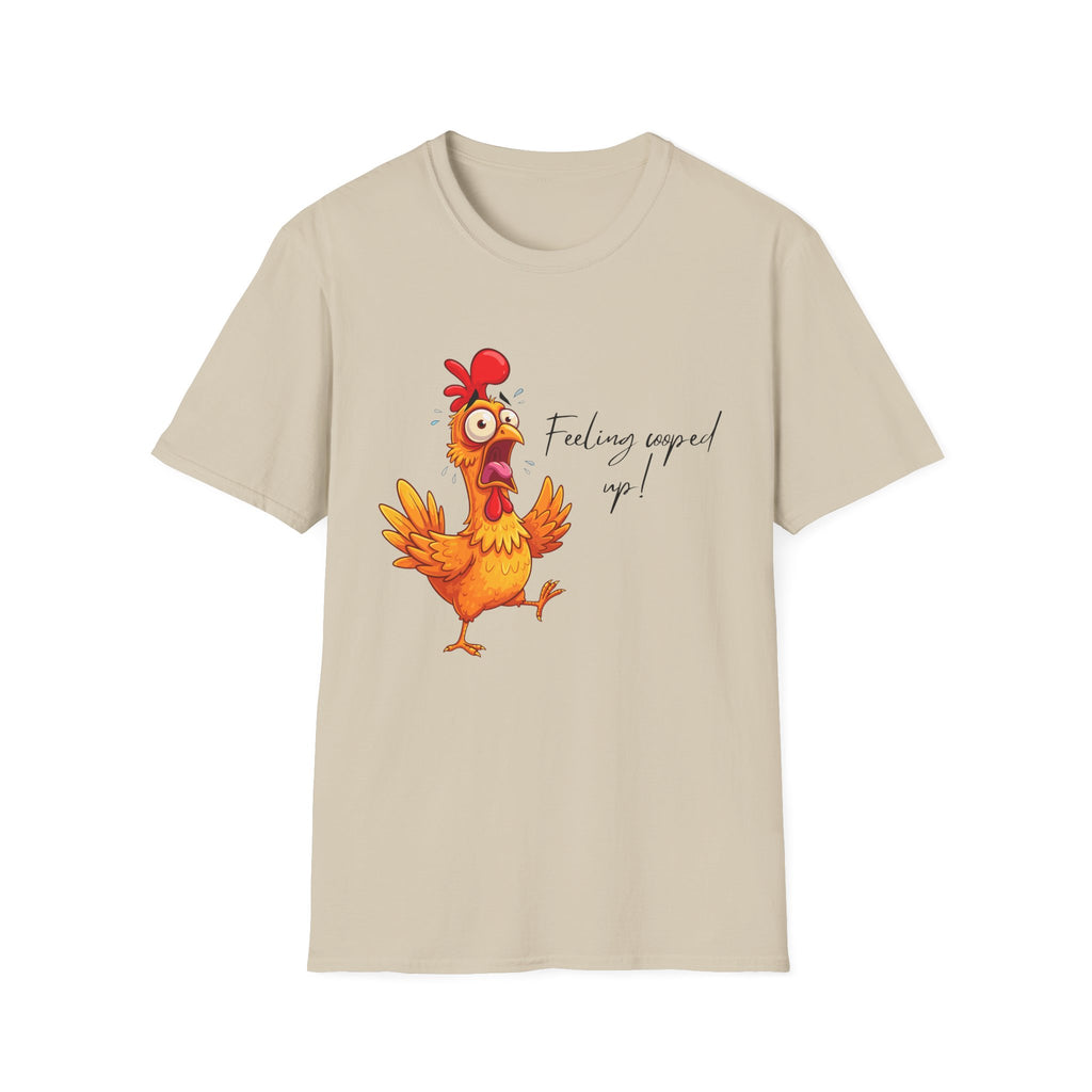 Chicken Cartoon T-Shirt — "Feeling cooped up?" Funny Farm Animal Tee