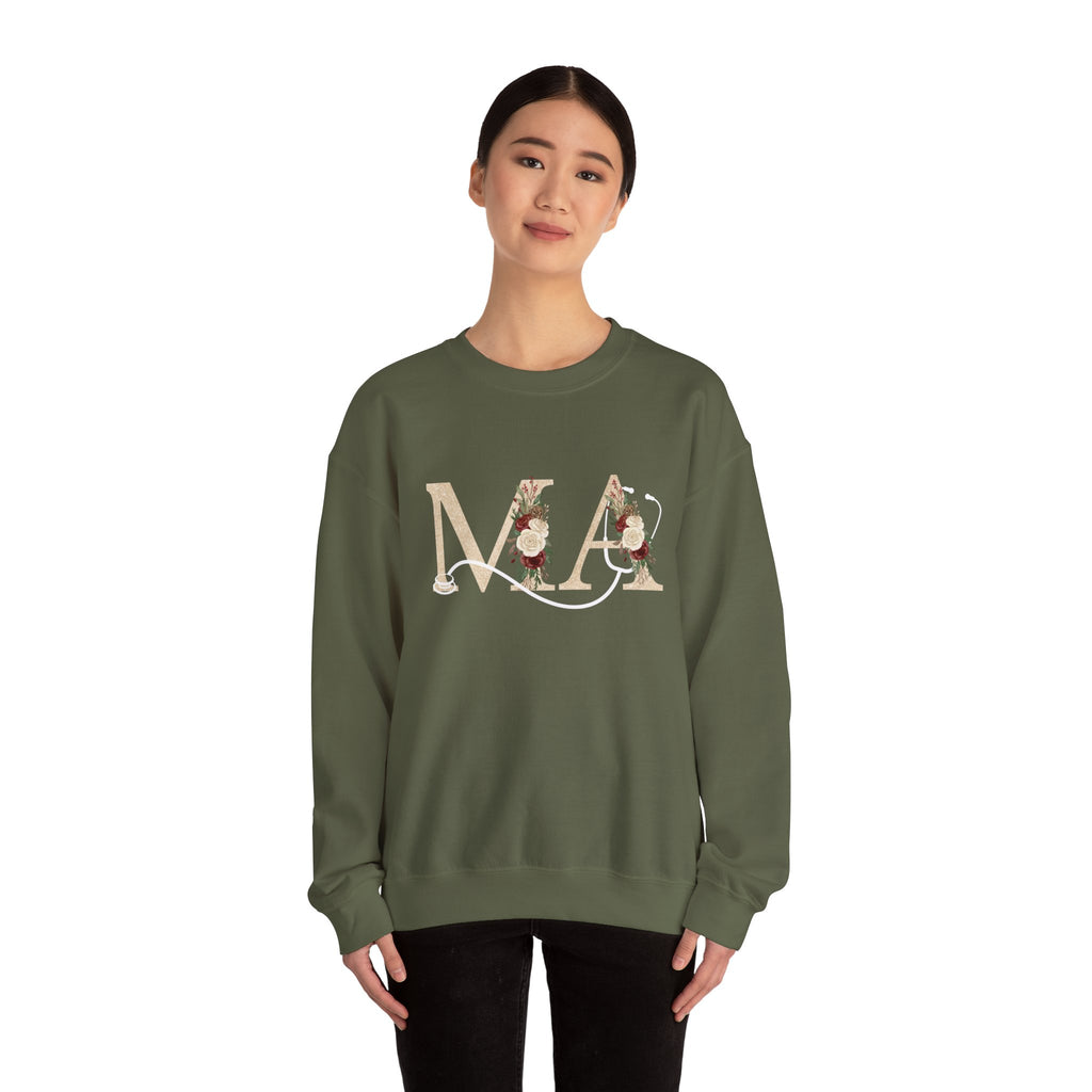 Medical Assistant Floral Initials Crewneck Sweatshirt — Monogram 'MA' Floral Design