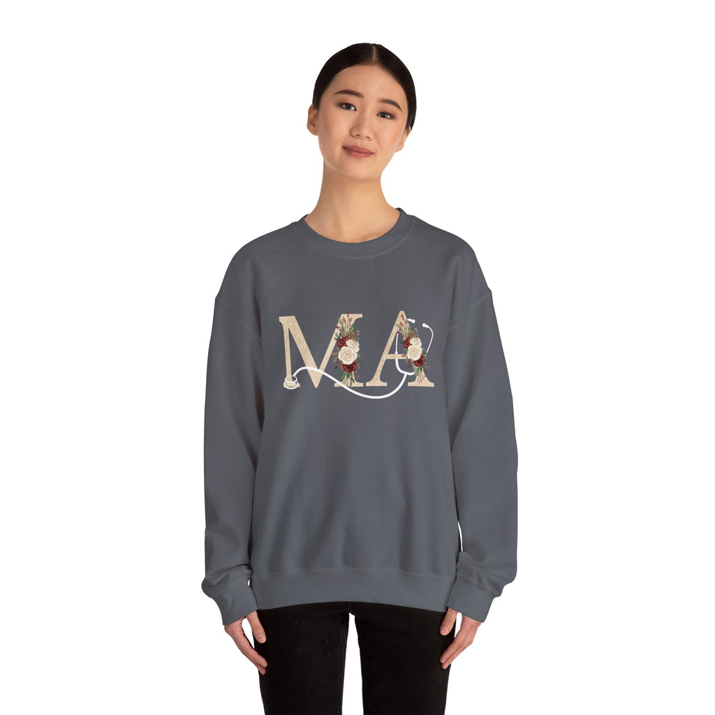 Medical Assistant Floral Initials Crewneck Sweatshirt — Monogram 'MA' Floral Design