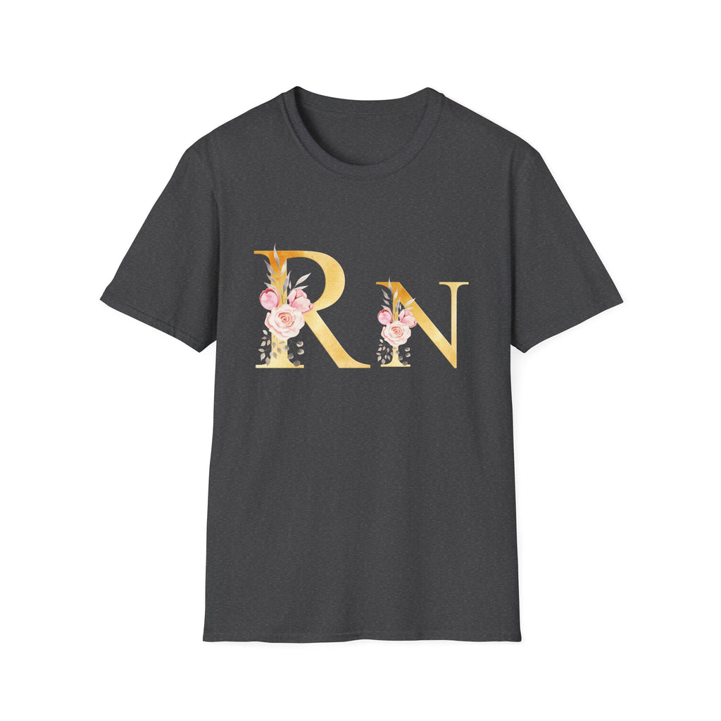 Registered Nurse Floral Monogram T-Shirt — Gold Lettering with Pink Roses