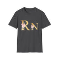 Registered Nurse Floral Monogram T-Shirt — Gold Lettering with Pink Roses