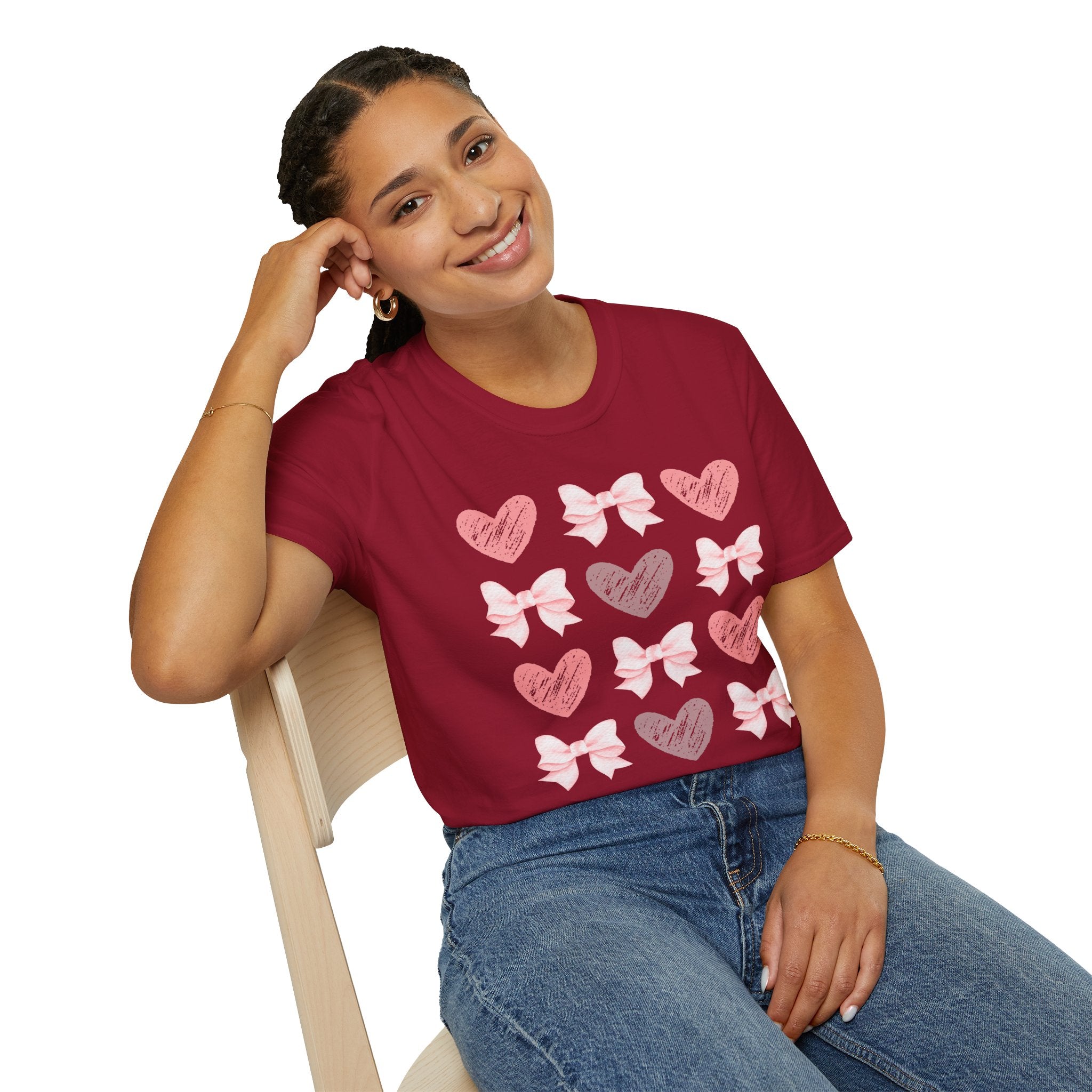 Heart & Bow Pattern T-Shirt — Pink Valentine Graphic Tee