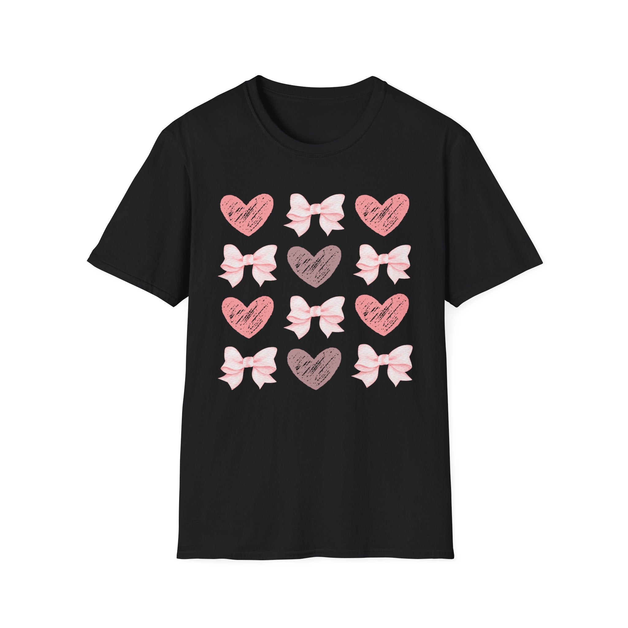 Heart & Bow Pattern T-Shirt — Pink Valentine Graphic Tee